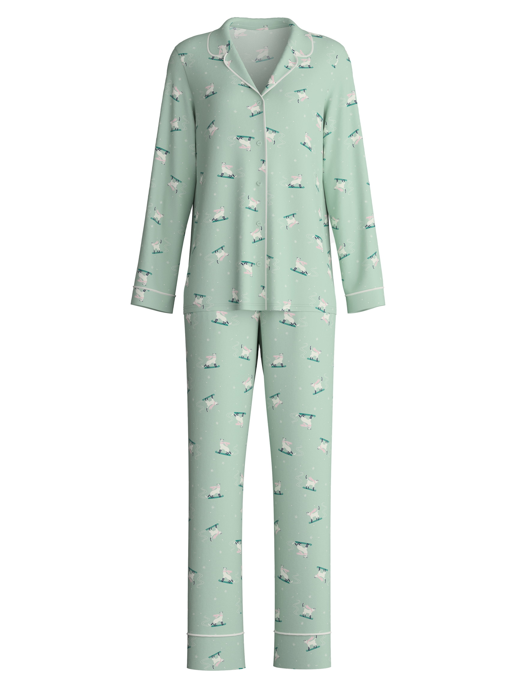 Women - Pyjamas, long made of 100% Cotton in Green, Motif, from the Cat Dreams series by CALIDA