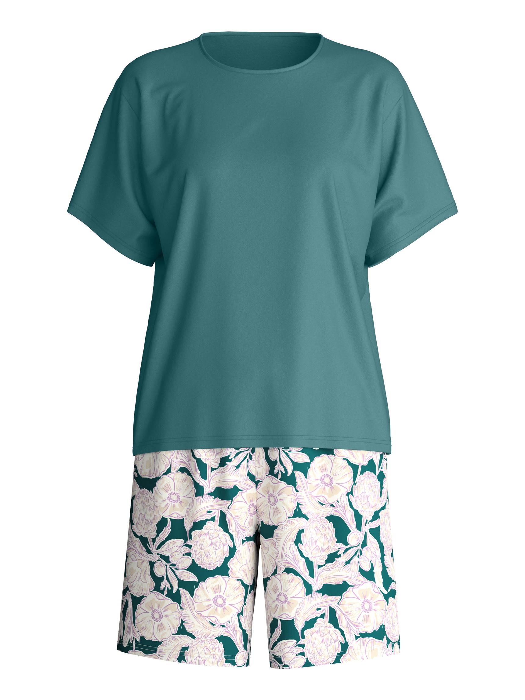 Damen - Kurz-Pyjama aus 100% Baumwolle in Türkis, Floral aus Serie Botanic Dreams von CALIDA