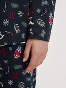 Women model is wearing Button-Up Pyjama made of 100% Cotton in Blue, Patterned from the Family & Friends series by CALIDA, Detail