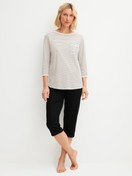 Women model is wearing 3/4 pyjama made of 100% Cotton in Beige, Striped from the Sweet Dreams series by CALIDA, Front view