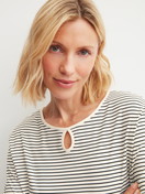 Women model is wearing Pyjamas, long made of 100% Cotton in Beige, Striped from the Sweet Dreams series by CALIDA, Detail