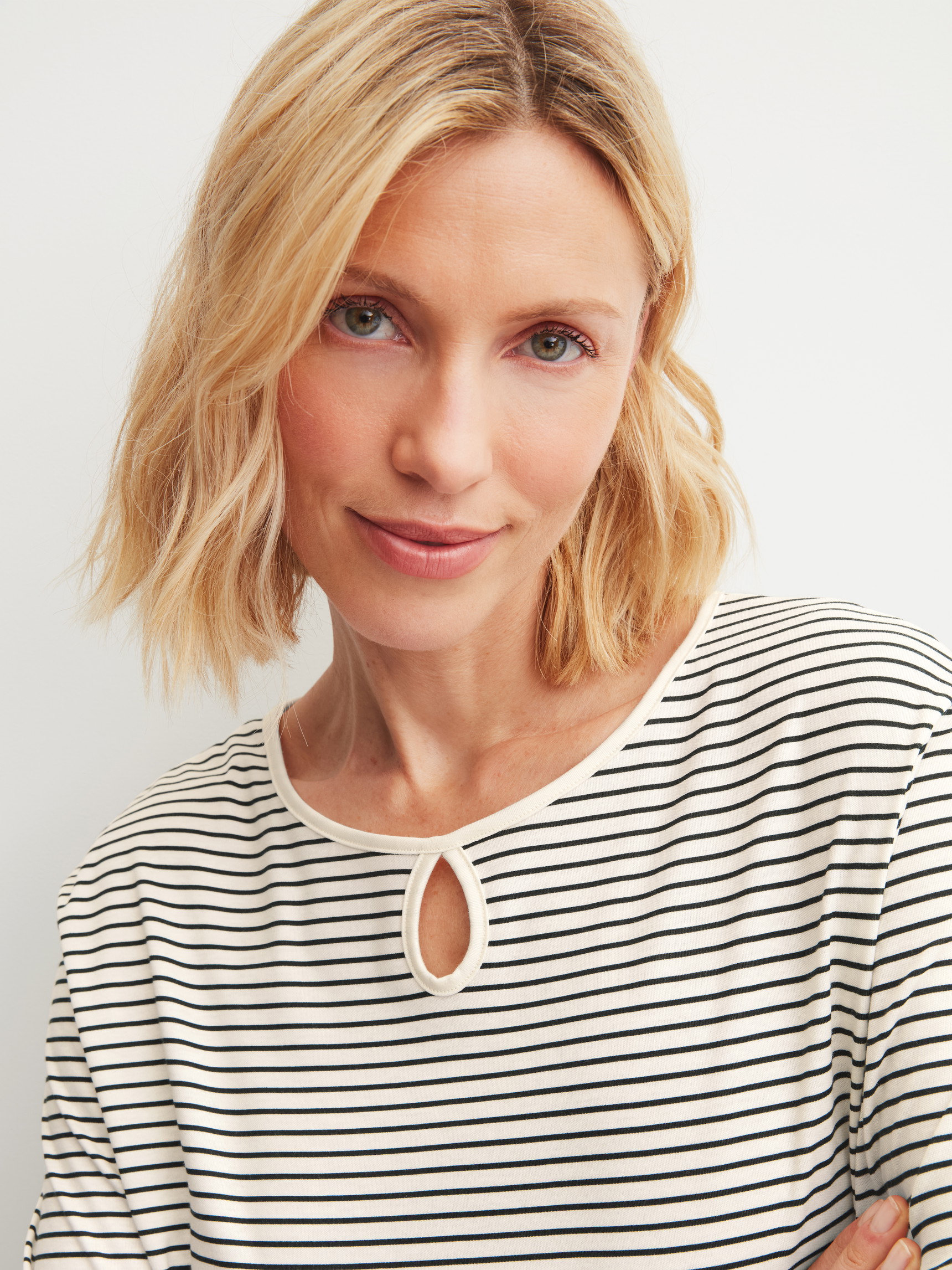 Women model is wearing Pyjamas, long made of 100% Cotton in Beige, Striped from the Sweet Dreams series by CALIDA, Detail