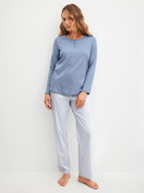 Women model is wearing Pyjamas, long made of 100% Cotton in Blue, Striped from the Striped Dreams series by CALIDA, Front view
