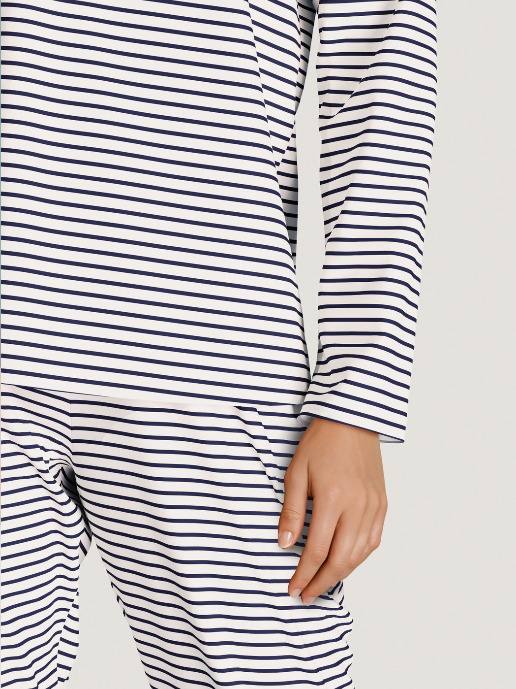 Women model is wearing Pyjama made of 100% Cotton in Blue, Striped from the Season Special series by CALIDA, Detail