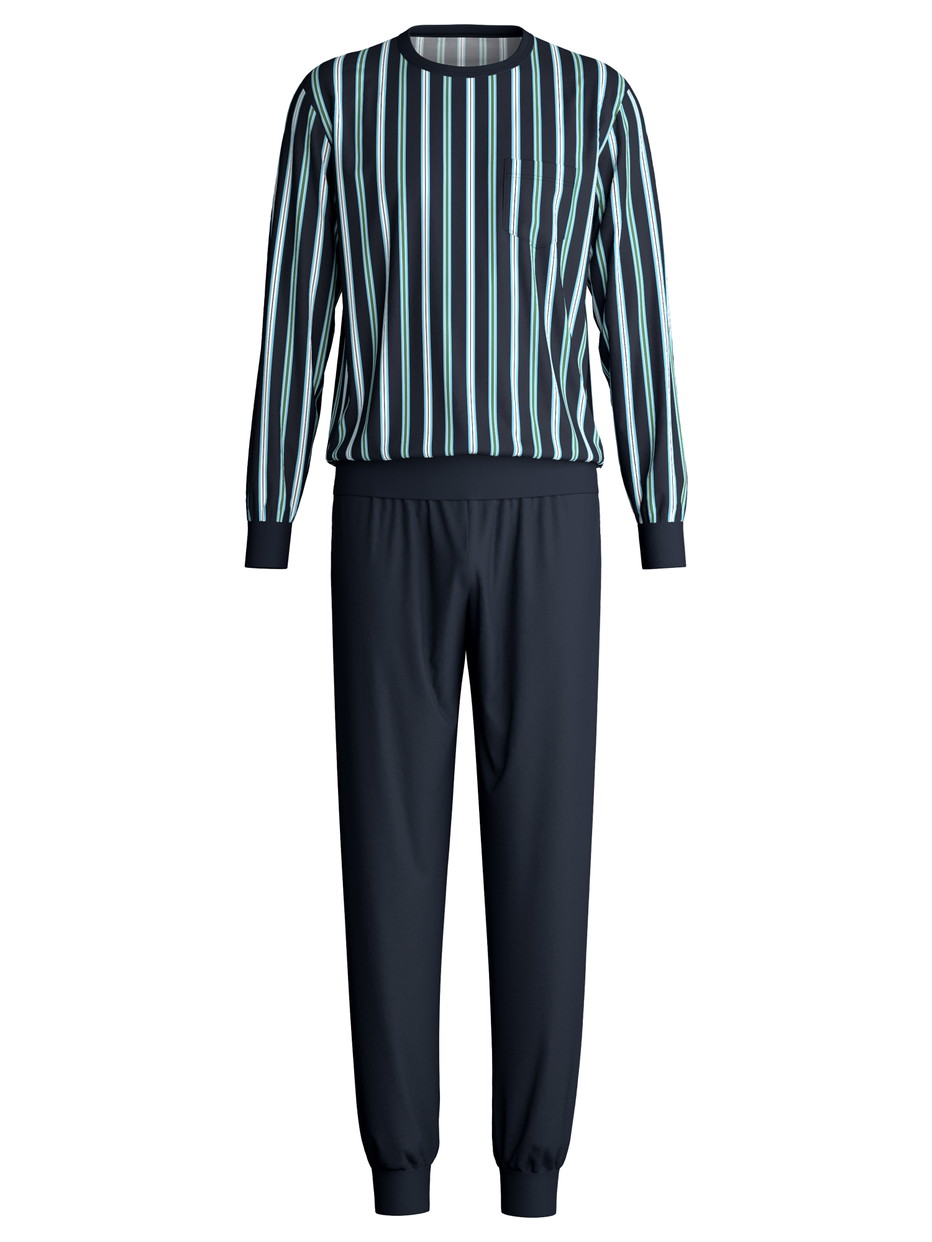 Herren - Bündchen-Pyjama aus 100% Baumwolle in Blau, Gestreift aus Serie Relax Choice von CALIDA