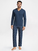 Men model is wearing Pyjamas, long made of 100% Cotton in Blue, Patterned from the Nightwear Xtra series by CALIDA, Front view, AI-generated image