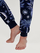 Women model is wearing Pyjama with cuff made of 100% Cotton in Blue, Patterned from the Winter Dreams series by CALIDA, Detail