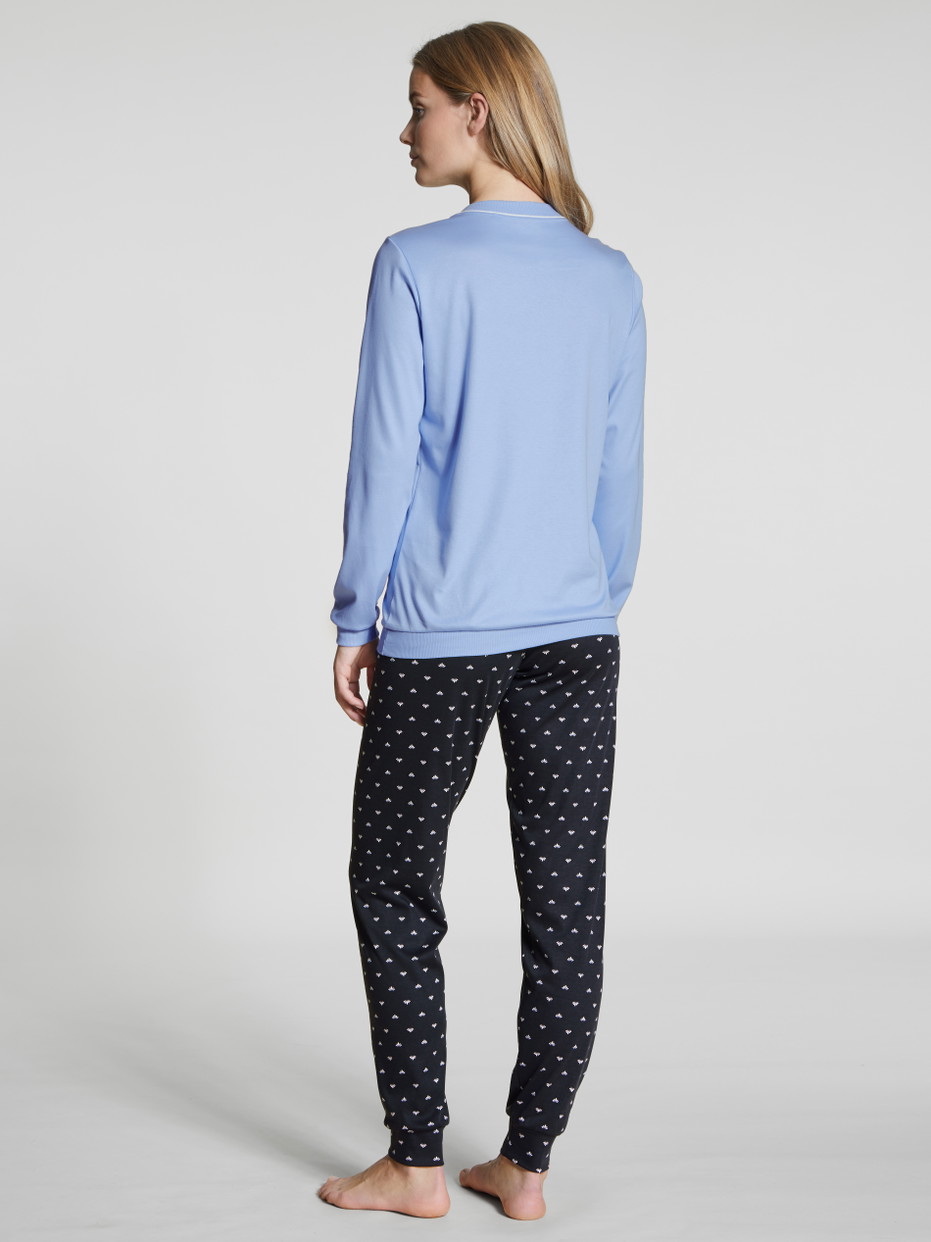 Women model is wearing Pyjama with cuff made of 100% Cotton in Blue, Motif from the Night Lovers series by CALIDA, Back view
