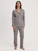 Women model is wearing Button-Up Pyjama made of 100% Cotton in Green, Striped from the Night Lovers series by CALIDA, Front view