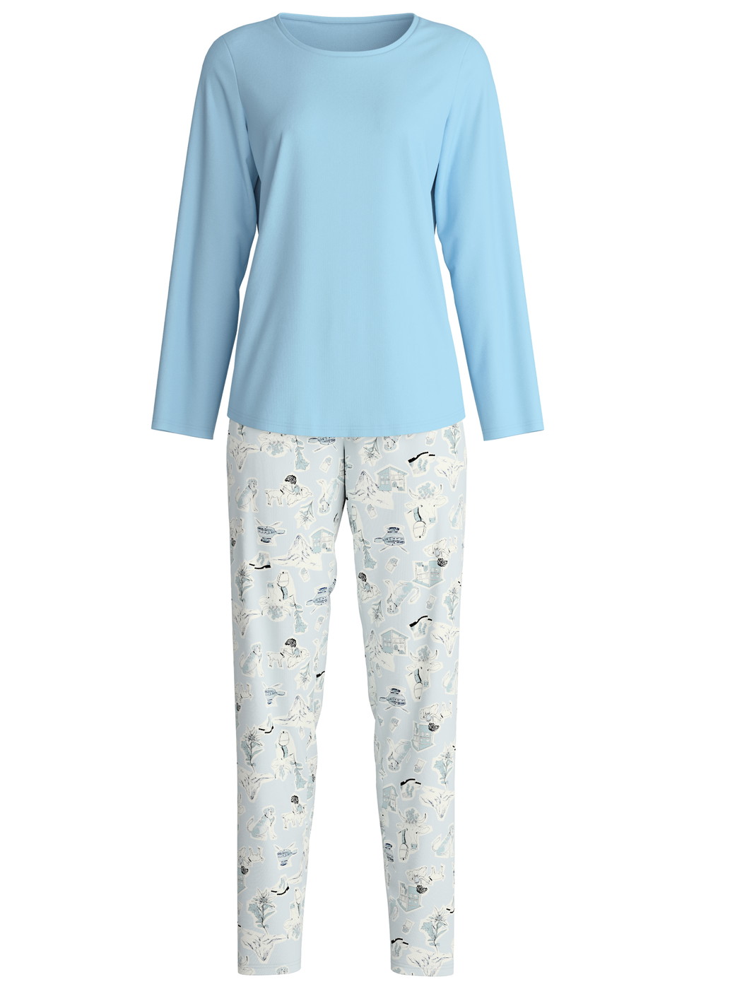 Damen - Pyjama, lang aus 100% Baumwolle in Blau, Gemustert aus Serie Swiss Resort von CALIDA