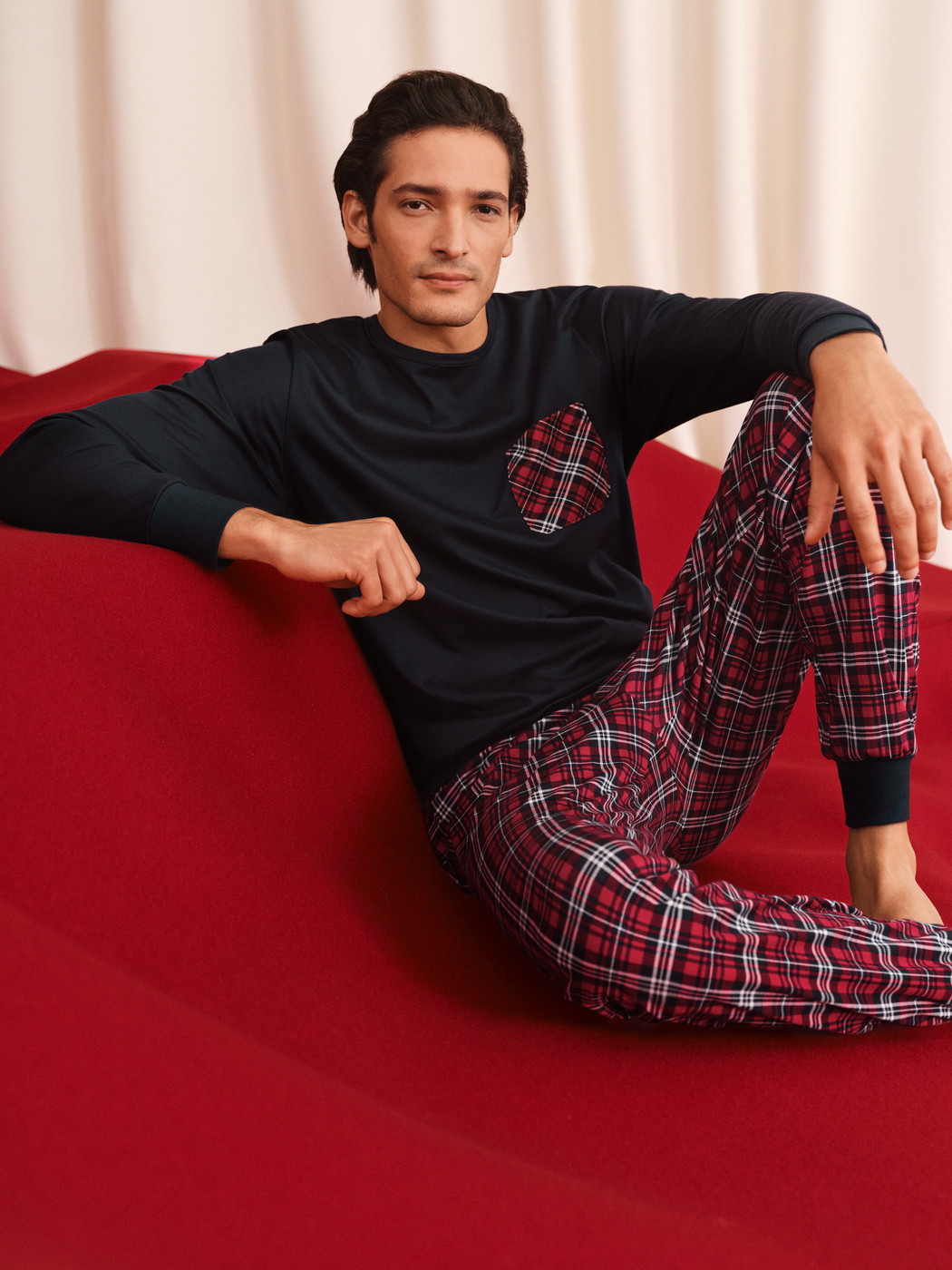 Men model is wearing Pyjama with cuff made of 100% Cotton in Blue, Checked from the Family & Friends series by CALIDA, Additional Image