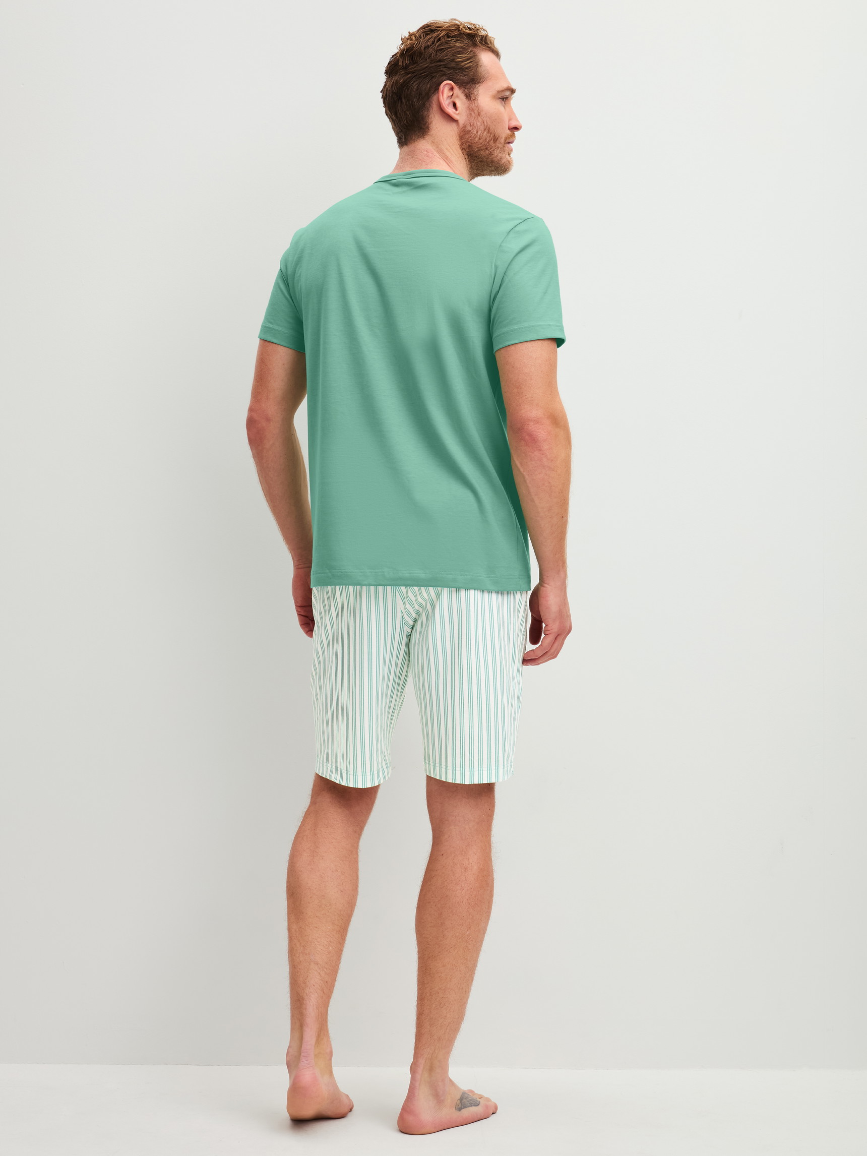 Herren-Model trägt Kurz-Pyjama aus 100% Baumwolle in Grün, Gestreift aus Serie Relax Easter von CALIDA, Rückansicht