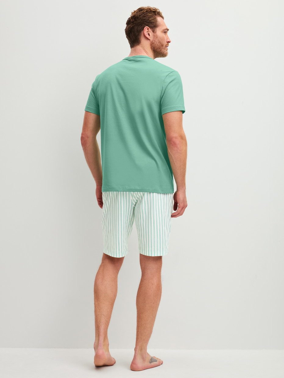 Herren-Model trägt Kurz-Pyjama aus 100% Baumwolle in Grün, Gestreift aus Serie Relax Easter von CALIDA, Rückansicht