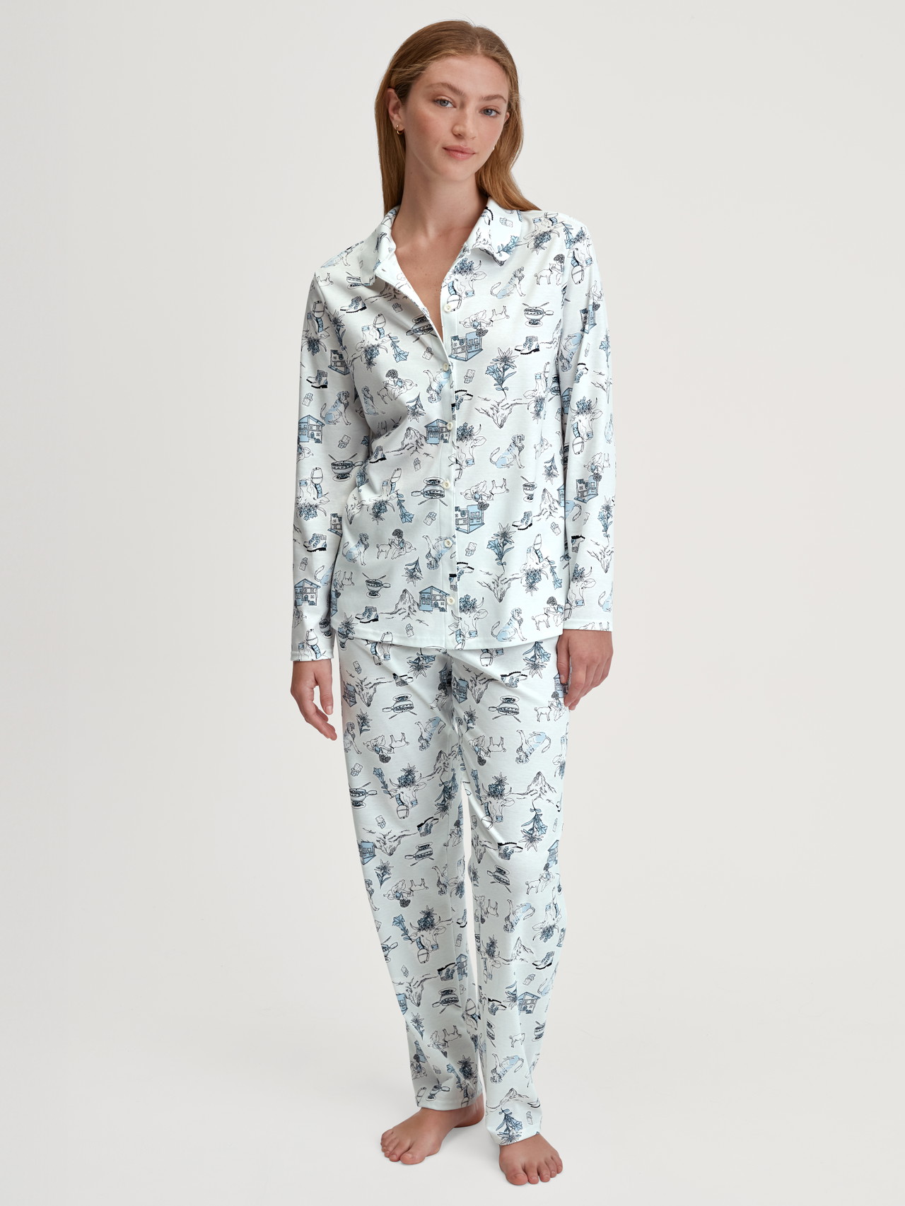 CALIDA Swiss Resort Pyjama mit Knöpfenfür Damen, L, Blau, Träumen wie in den Alpen in 100% natürlicher Baumwoll-Qualität