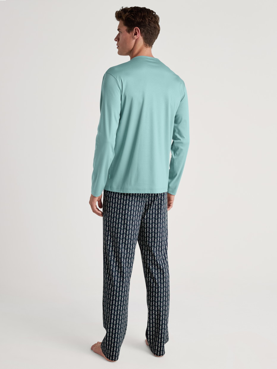 Herren-Model trägt Pyjama, lang aus 100% Baumwolle in Türkis, Gemustert aus Serie Relax Selected 2 von CALIDA, Rückansicht