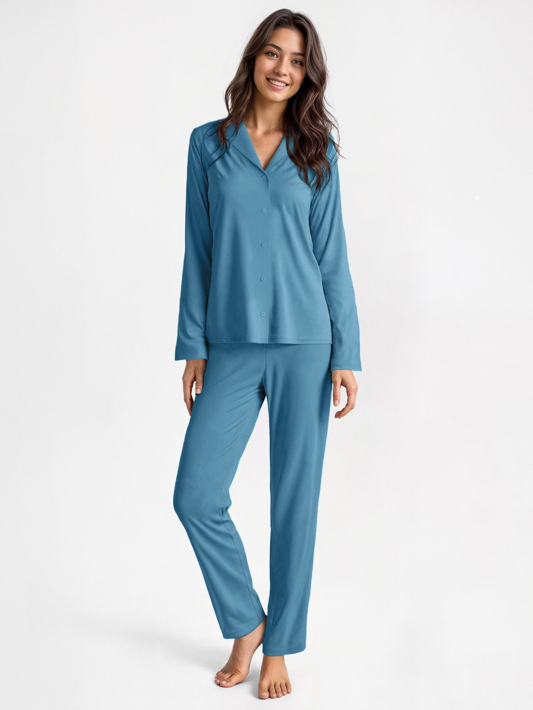 Women model is wearing Button-Up Pyjama made of 100% Cotton in Blue, Unicoloured from the Nightwear Xtra series by CALIDA, Front view