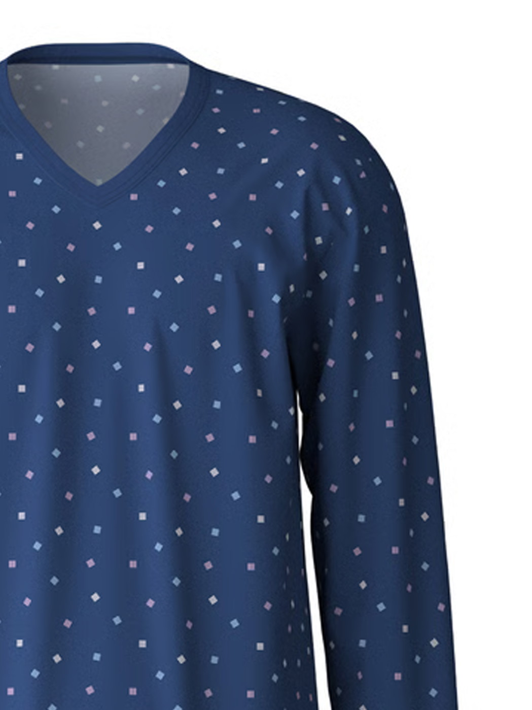 La modella / Il modello Uomo indossa Pigiama in 100% cotone di colore Blu, Modello, della serie Nightwear Xtra di CALIDA, Dettaglio