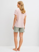 Women model is wearing Short pyjamas made of 100% Cotton in Green, Striped from the Cotton Special series by CALIDA, Back view
