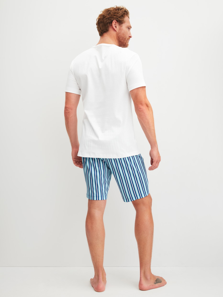 Herren-Model trägt Kurz-Pyjama aus 100% Baumwolle in Blau, Gestreift aus Serie Relax Streamline 4 von CALIDA, Rückansicht