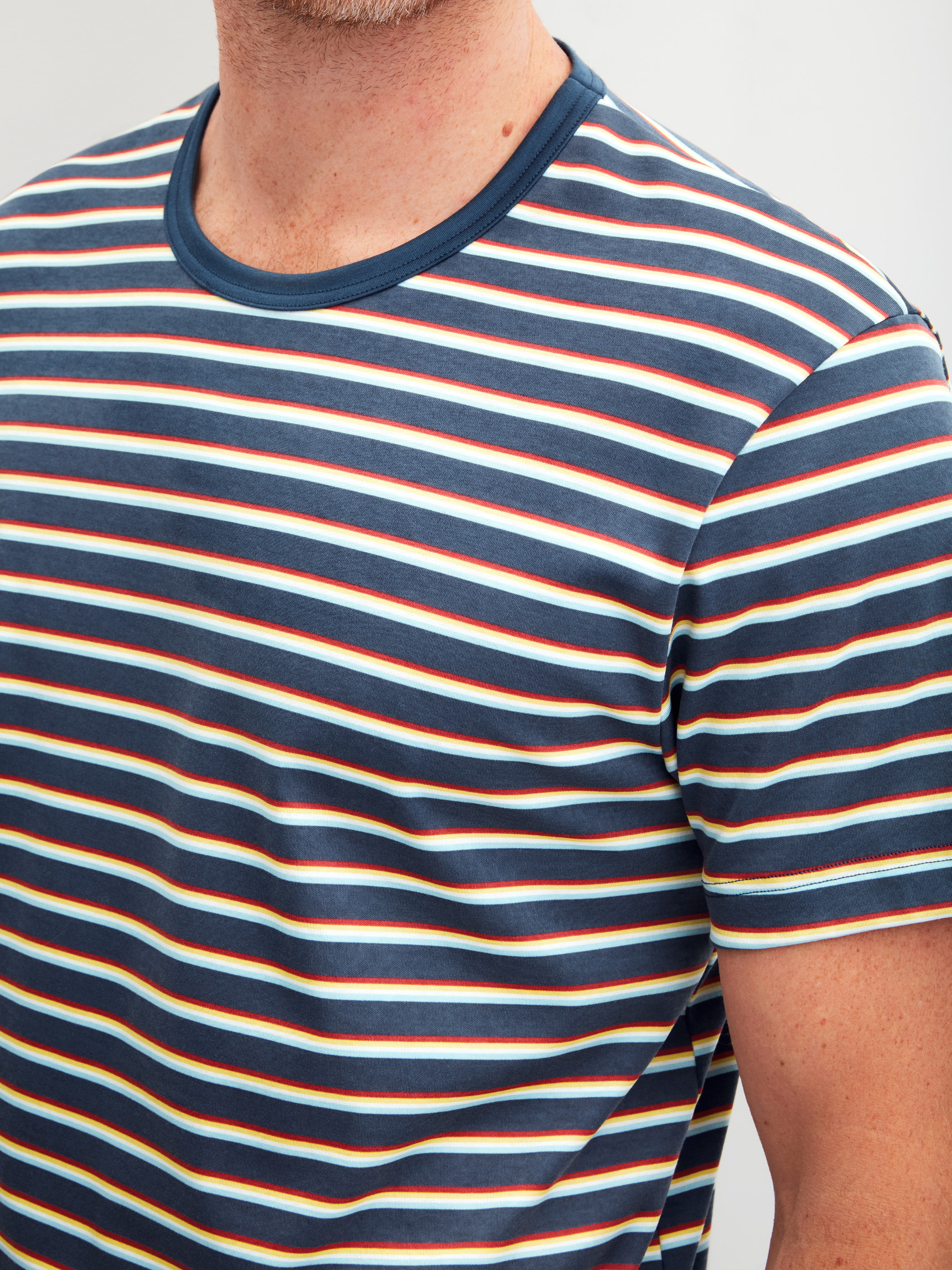 Men model is wearing Short pyjama made of 100% Cotton in Blue, Striped from the Relax Streamline 3 series by CALIDA, Detail