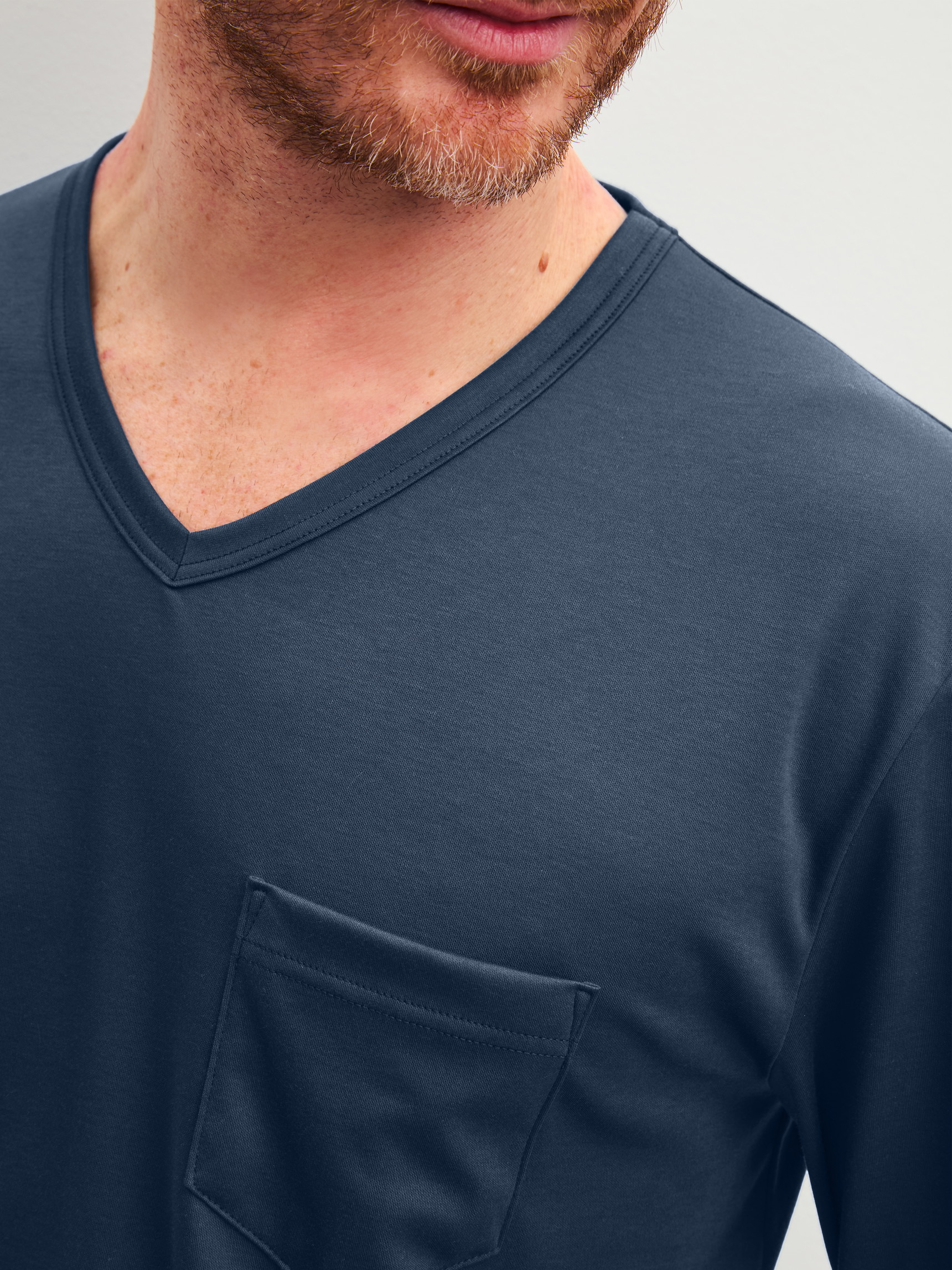 Men model is wearing Pyjamas, long made of 100% Cotton in Blue, Patterned from the Relax Streamline 1 series by CALIDA, Detail