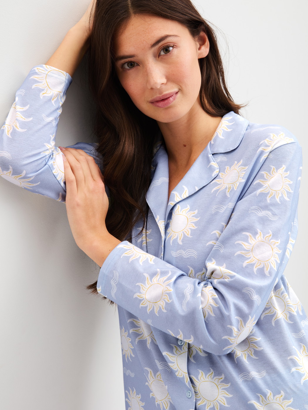 Women model is wearing Button-Up Pyjama made of 100% Cotton in Blue, Patterned from the EDITION 85 series by CALIDA, Additional Image