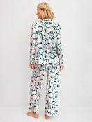 Damen-Model trägt Pyjama mit Knöpfen aus 100% Baumwolle in Türkis, Floral aus Serie Botanic Dreams von CALIDA, Rückansicht