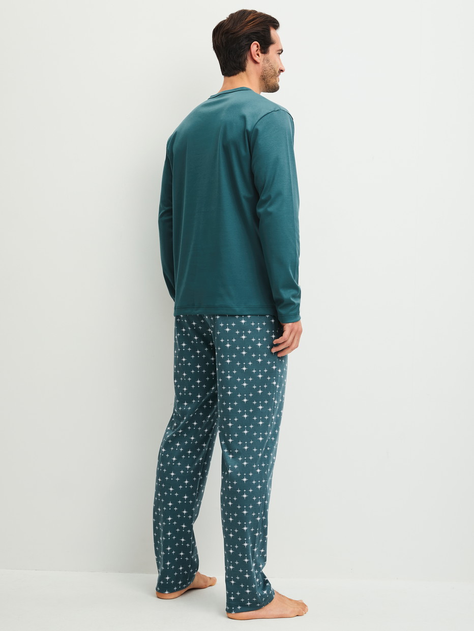 Men model is wearing Pyjamas, long made of 100% Cotton in Turquoise, Patterned from the Relax Streamline 3 series by CALIDA, Back view