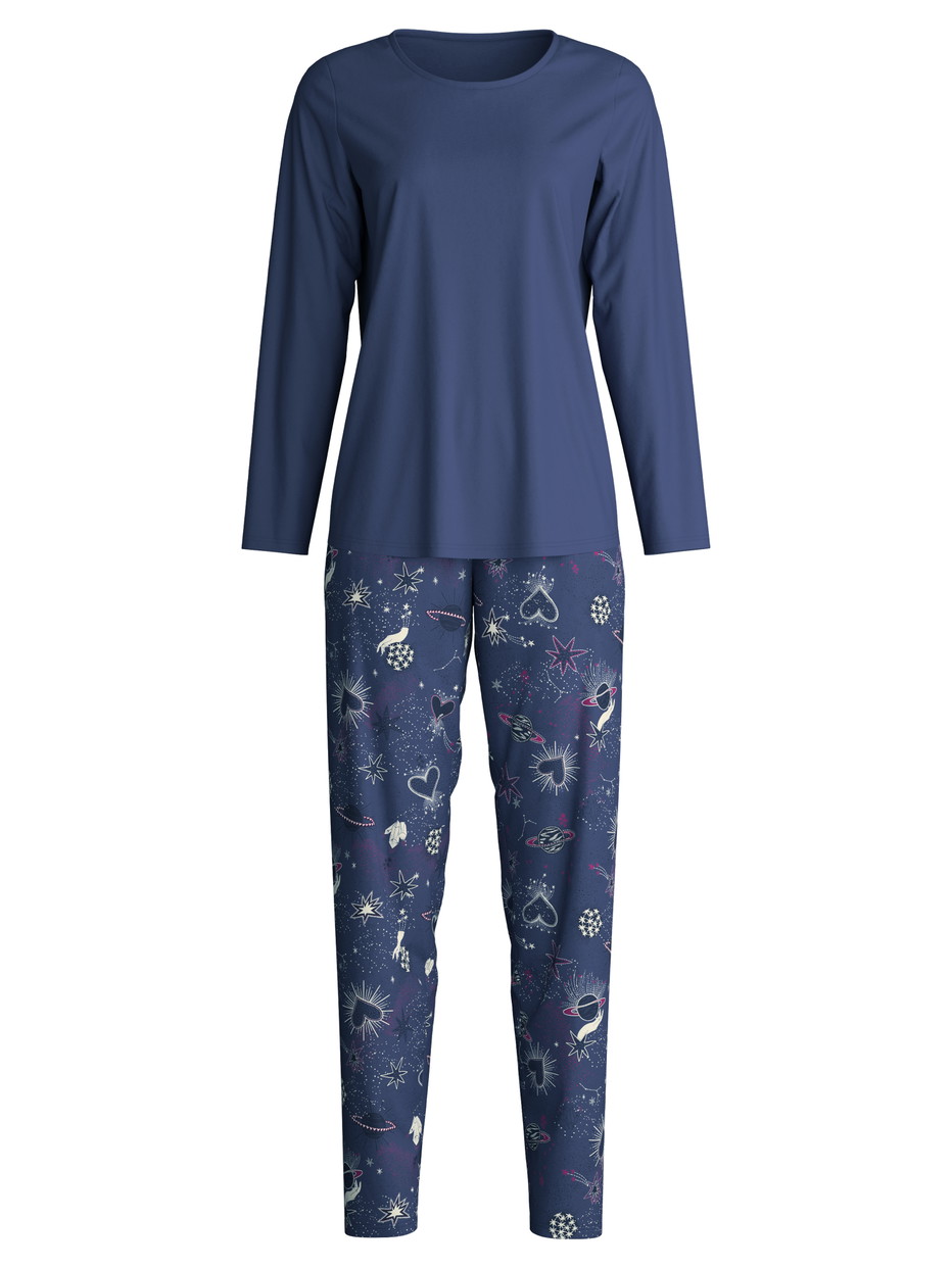 Damen - Pyjama, lang aus 100% Baumwolle in Blau, Gemustert aus Serie Mystic Nights von CALIDA