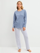 Women model is wearing Pyjamas, long made of 100% Cotton in Blue, Striped from the Cotton Special series by CALIDA, Front view