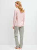 Women model is wearing Pyjamas, long made of 100% Cotton in Green, Striped from the Cotton Special series by CALIDA, Back view