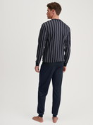 Men model is wearing Pyjama with cuff made of 100% Cotton in Blue, Striped from the Relax Streamline 4 series by CALIDA, Back view