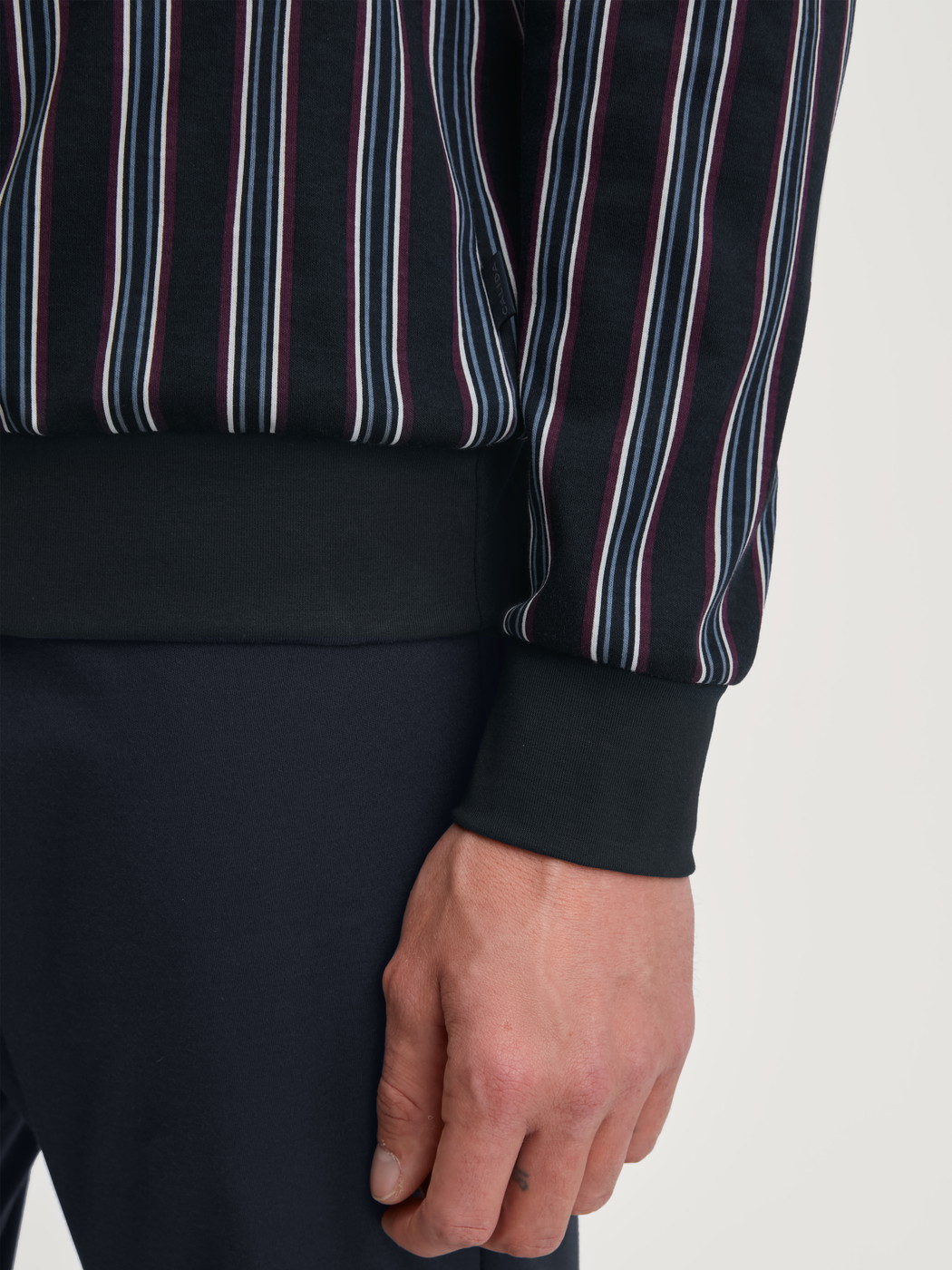 Men model is wearing Pyjama with cuff made of 100% Cotton in Blue, Striped from the Relax Streamline 4 series by CALIDA, Detail