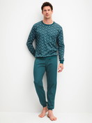 Men model is wearing Pyjama with cuff made of 100% Cotton in Turquoise, Patterned from the Relax Streamline 3 series by CALIDA, Front view