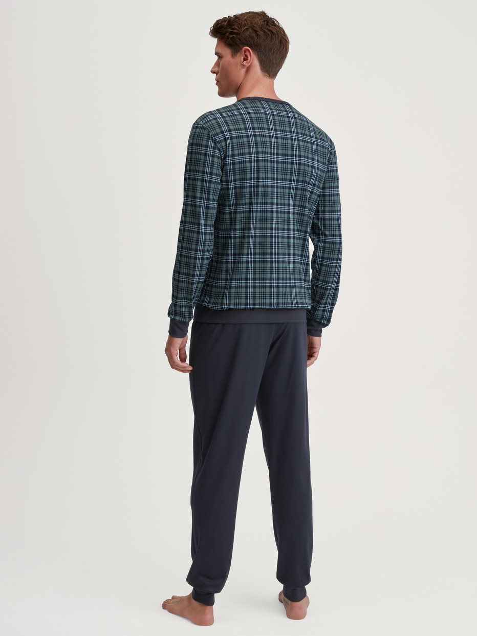 Men model is wearing Pyjama with cuff made of 100% Cotton in Green, Checked from the Relax Streamline 3 series by CALIDA, Back view