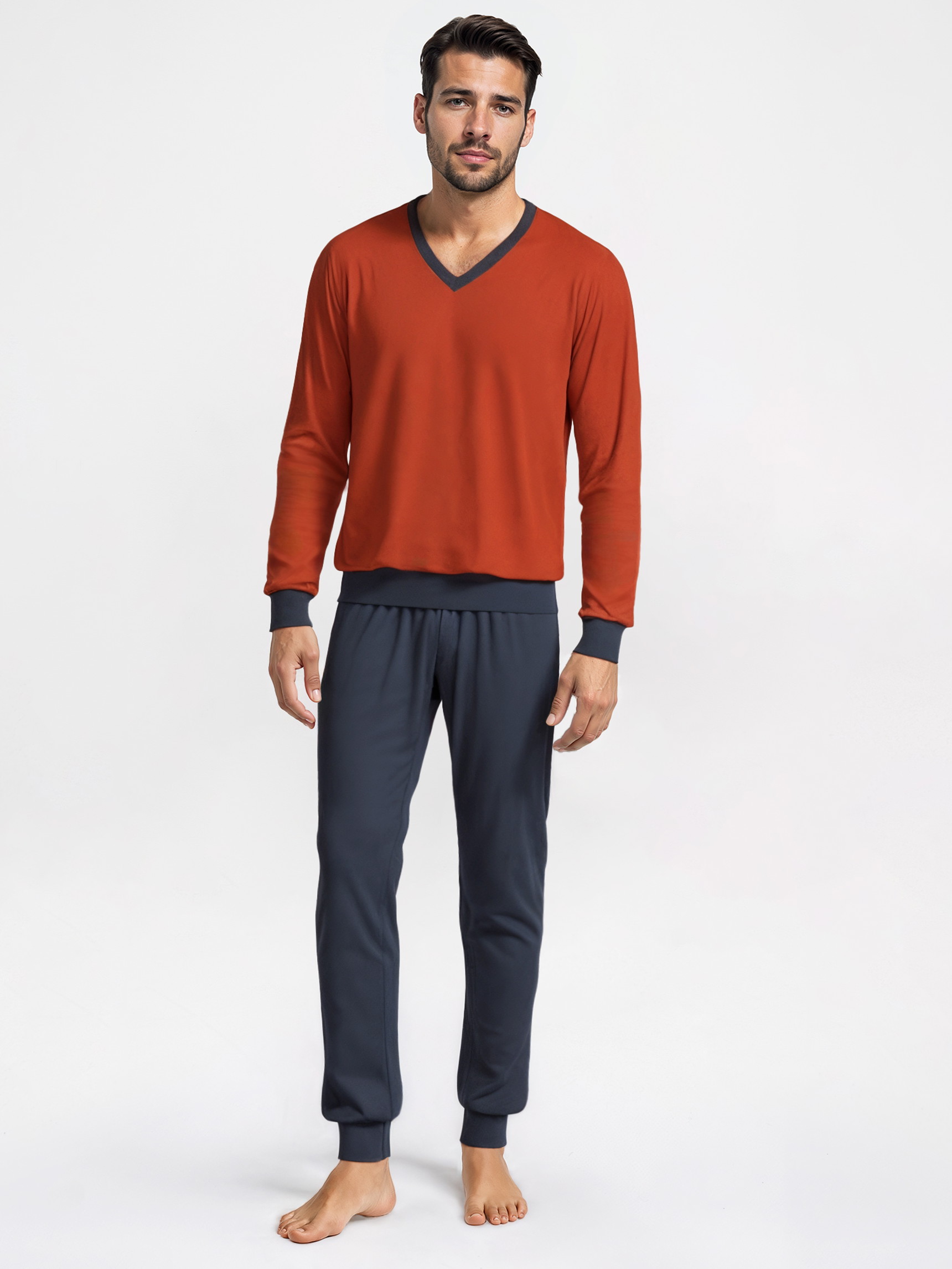 Herren-Model trägt Bündchen-Pyjama aus 100% Baumwolle in Rot, Gestreift aus Serie Nightwear Xtra von CALIDA, Vorderansicht, KI-generiertes Bild