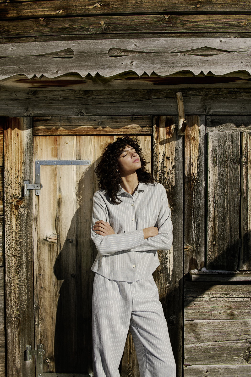 Women model is wearing Flannel pyjamas, buttoned made of 100% Cotton in Blue, Unicoloured from the Flannel Dreams series by CALIDA, Front view