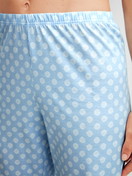 Women model is wearing Pyjama buttoned made of 100% Cotton in Blue, Patterned from the Lovely Nights series by CALIDA, Detail