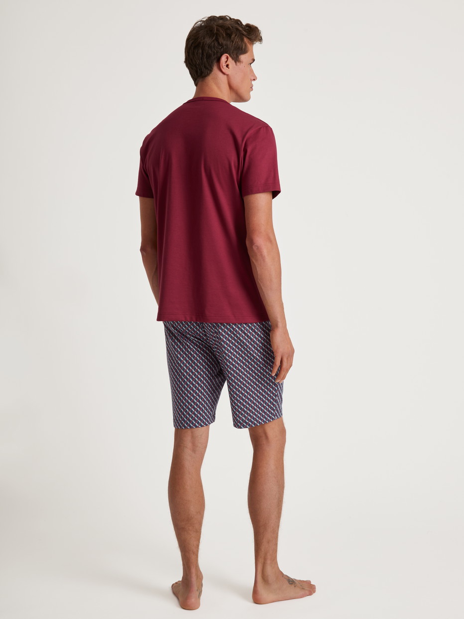 Herren-Model trägt Kurz-Pyjama aus 100% Baumwolle in Rot, Gemustert aus Serie Relax Imprint von CALIDA, Rückansicht