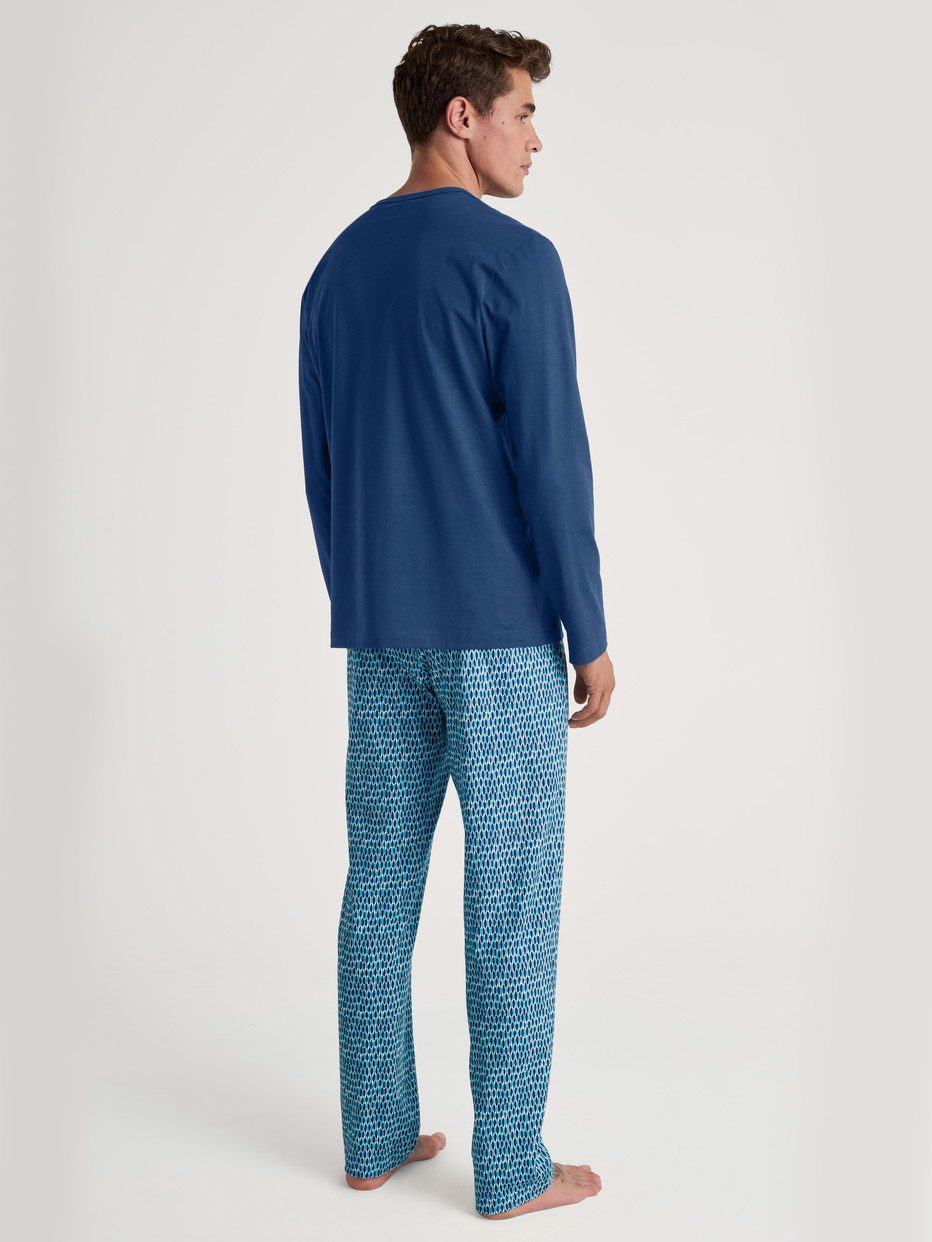 Herren-Model trägt Pyjama, lang aus 100% Baumwolle in Blau, Gemustert aus Serie Relax Imprint 1 von CALIDA, Rückansicht