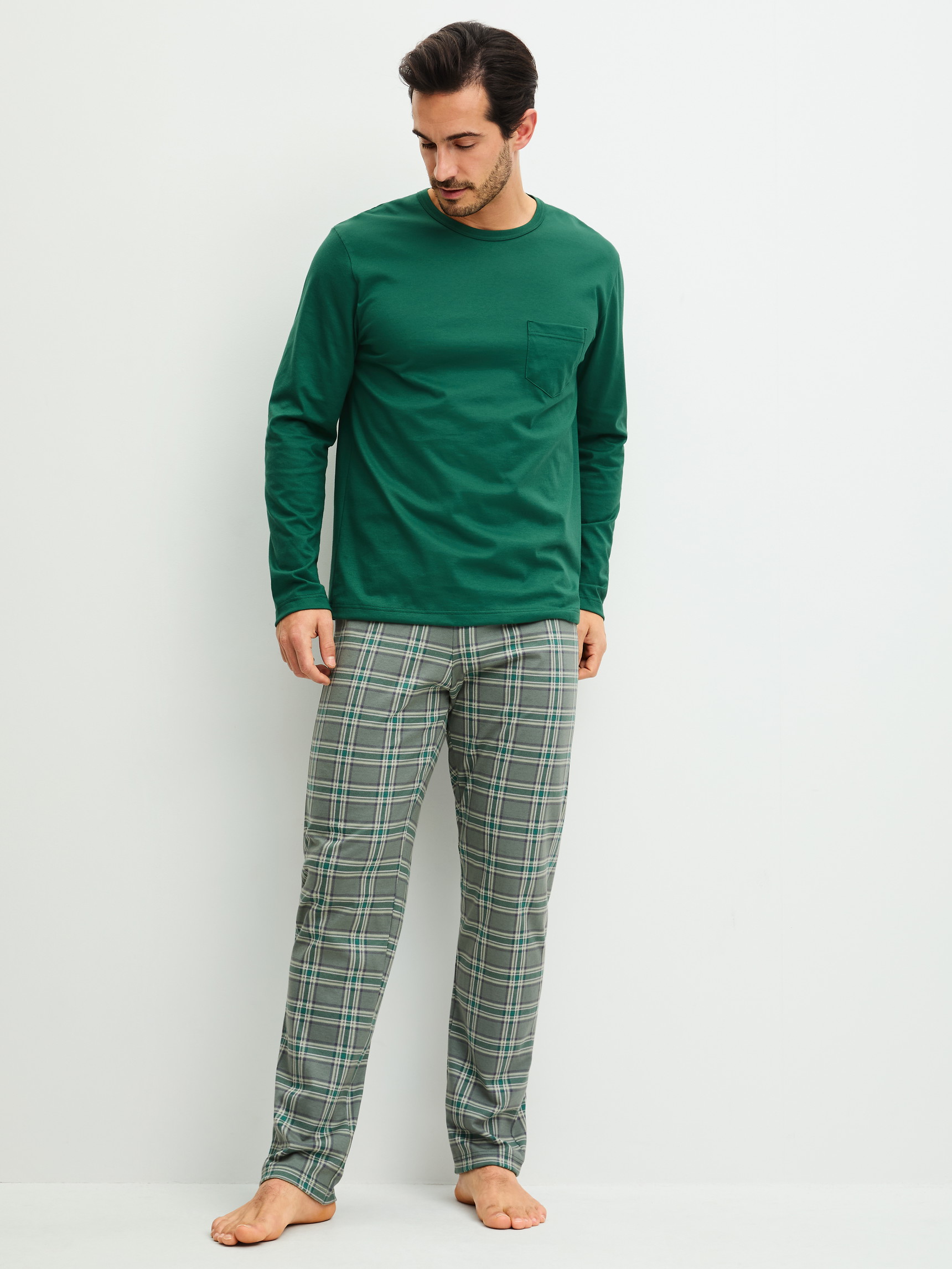 Men model is wearing Pyjamas, long made of 100% Cotton in Green, Checked from the Relax Imprint 2 series by CALIDA, Front view