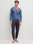 Men model is wearing Pyjama with cuff made of 100% Cotton in Blue, Patterned from the Relax Imprint 1 series by CALIDA, Front view