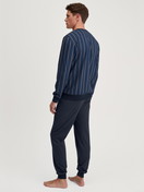 Men model is wearing Pyjama with cuff made of 100% Cotton in Blue, Striped from the Relax Imprint 1 series by CALIDA, Back view