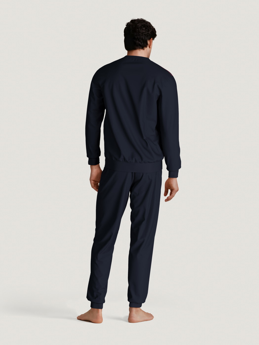 Men model is wearing Pyjama with cuff made of 100% Cotton in Blue, Striped from the Season Special series by CALIDA, Back view, AI-generated image