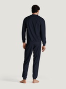 Men model is wearing Pyjama with cuff made of 100% Cotton in Blue, Striped from the Season Special series by CALIDA, Back view, AI-generated image
