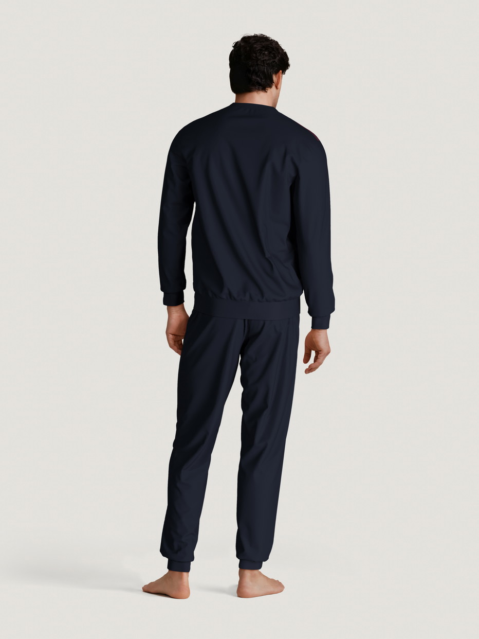 Herren-Model trägt Bündchen-Pyjama aus 100% Baumwolle in Blau, Gestreift aus Serie Season Special von CALIDA, Rückansicht, KI-generiertes Bild