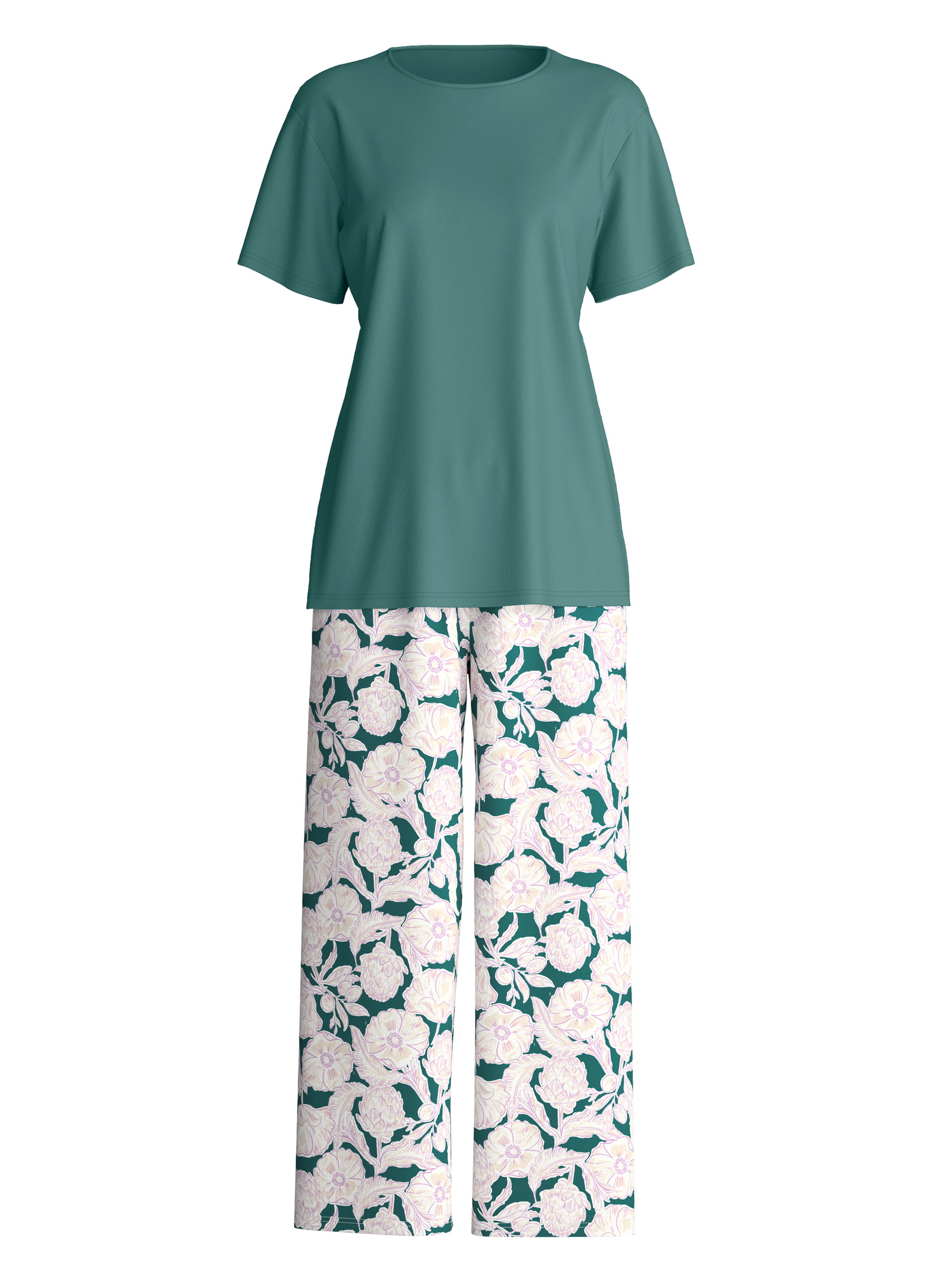 Women - 7/8 - Pyjamas made of 100% Cotton in Turquoise, Floral, from the Botanic Dreams series by CALIDA