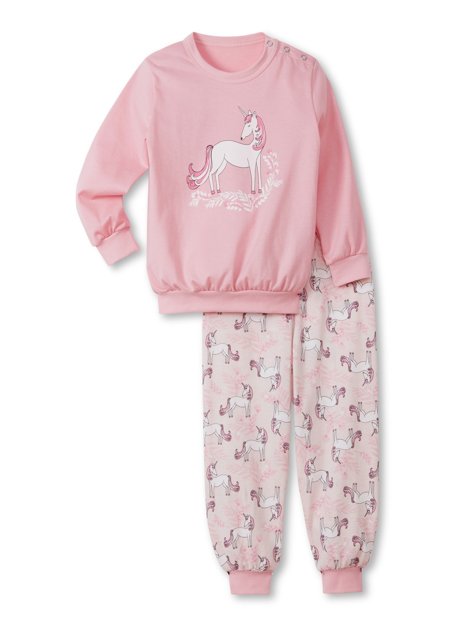 Kids model is wearing Pyjama with cuff made of 100% Cotton in Pink,  from the Toddlers Unicorn series by CALIDA, Front view, White background