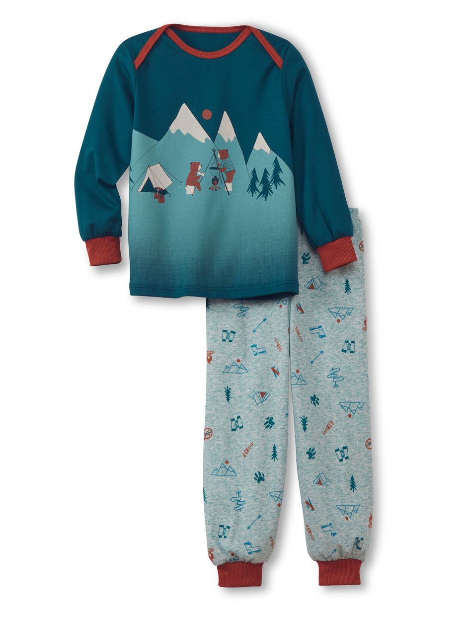 La modella / Il modello Figli indossa Pigiama con polsini in 100% cotone di colore Turchese, , della serie Toddlers Scout di CALIDA, Vista frontale, Sfondo bianco