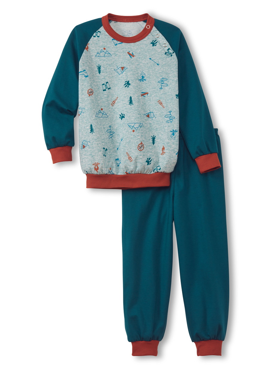 La modella / Il modello Figli indossa Pigiama con polsini in 100% cotone di colore Turchese, , della serie Toddlers Scout di CALIDA, Vista frontale, Sfondo bianco